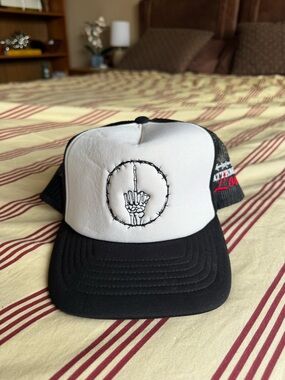 White & Black Attempted Lover Trucker Hat with Skeleton Middle Finger